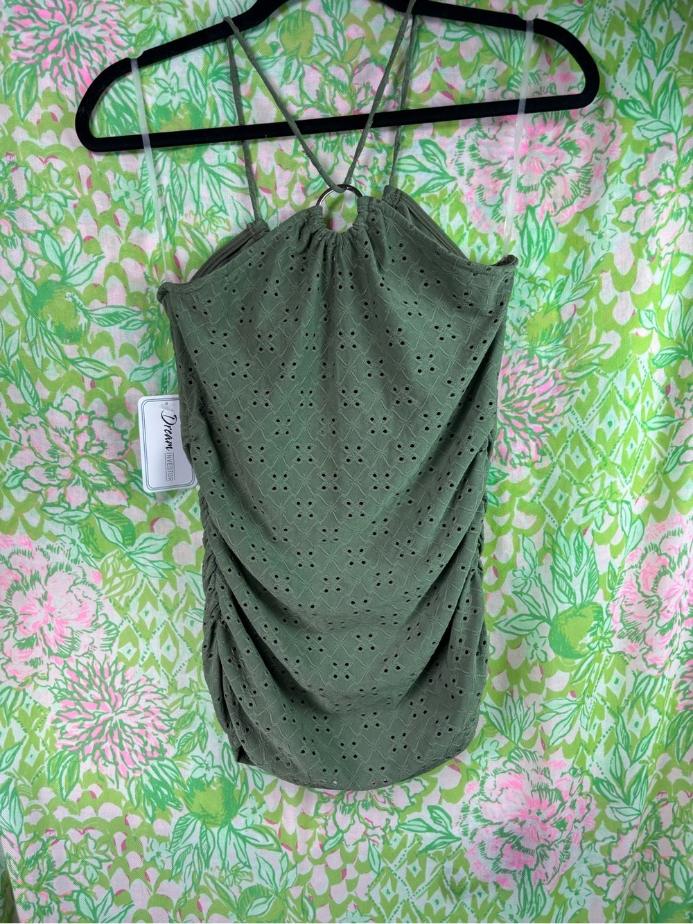 Olive Eyelet Halter Tank Top Small